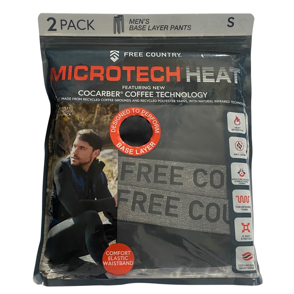 Free Country Mens Microtech Heat Base Layer Pant 2-Pack Black Small H40MB4918-2S